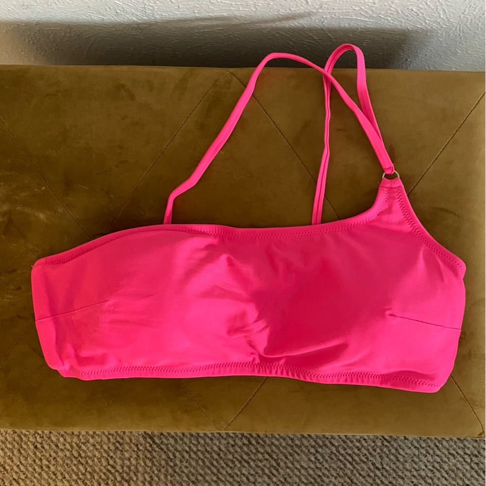 Aerie one shoulder padded bandeau bikini top, size L, neon pink